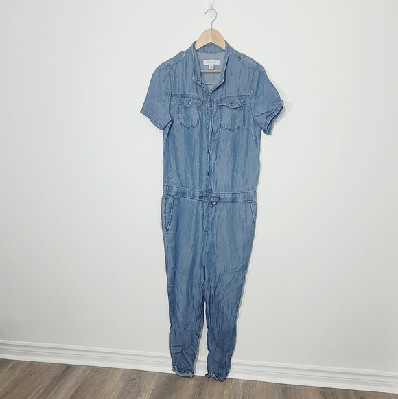 Kenneth Cole Reaction Pants - Kenneth Cole Blue Short Sleeve Full Length 1/2 Buttons Drawstring Waist Romper M